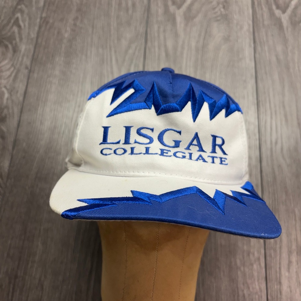 Vintage 90s Lisgar Collegiate AJM Snapback Hat Blue White Shark Tooth Embroidery